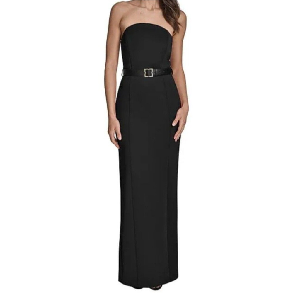 BCBG Scuba Strapless Belted Sheath Maxi Gown Evening Drress Black Size 6 NWT